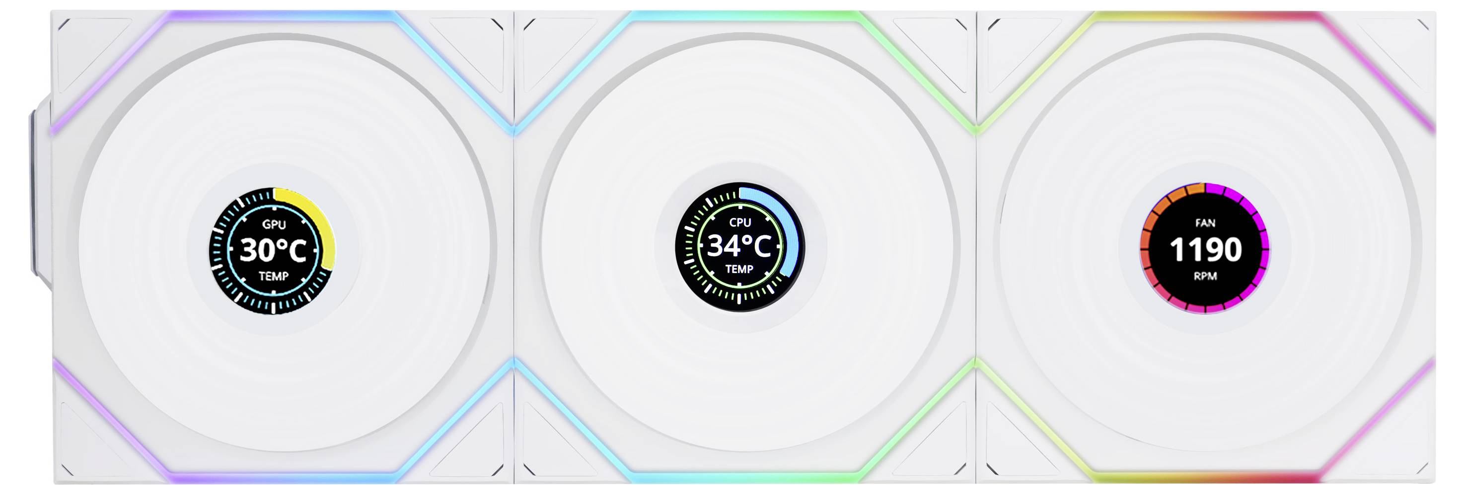 Tři bílé ventilátory s kruhovými displeji: vlevo 'CPU 30°C', uprostřed 'GPU 34°C', vpravo 'RPM 1190'. Barevné LED pásky lemují ventilátory.