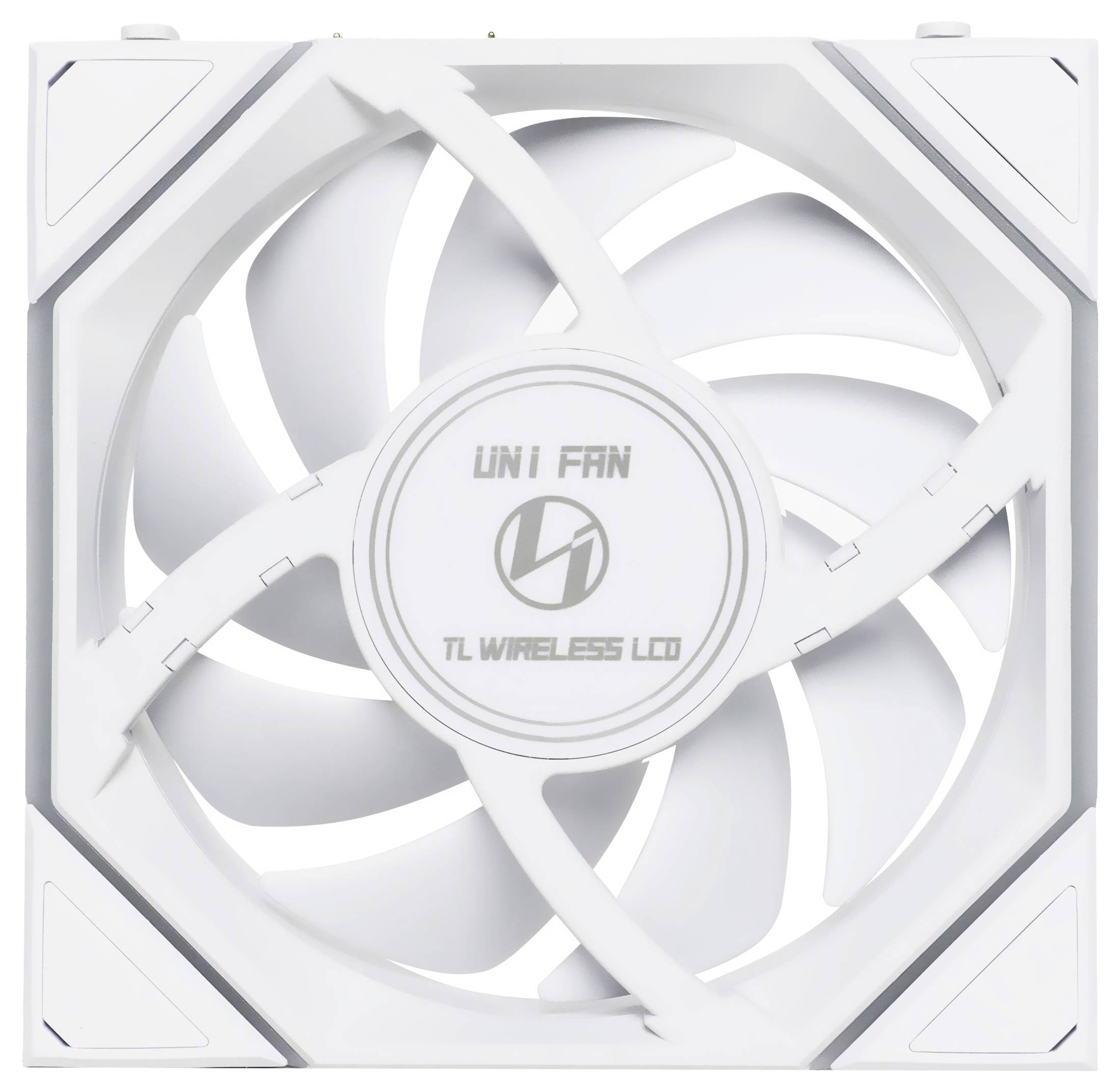 Bílý počítačový ventilátor s nápisem "UNI FAN TL WIRELESS LED" uprostřed.