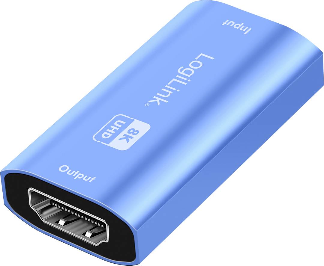 Modrý HDMI adaptér od LogiLink, s označením 'Input' a 'Output'. Podporuje 8K UHD.