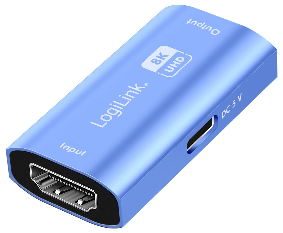 Modrý HDMI adaptér od LogiLink, podporuje 8K UHD. Zobrazuje vstupní a výstupní konektory a také DC 5 V napájecí konektor.