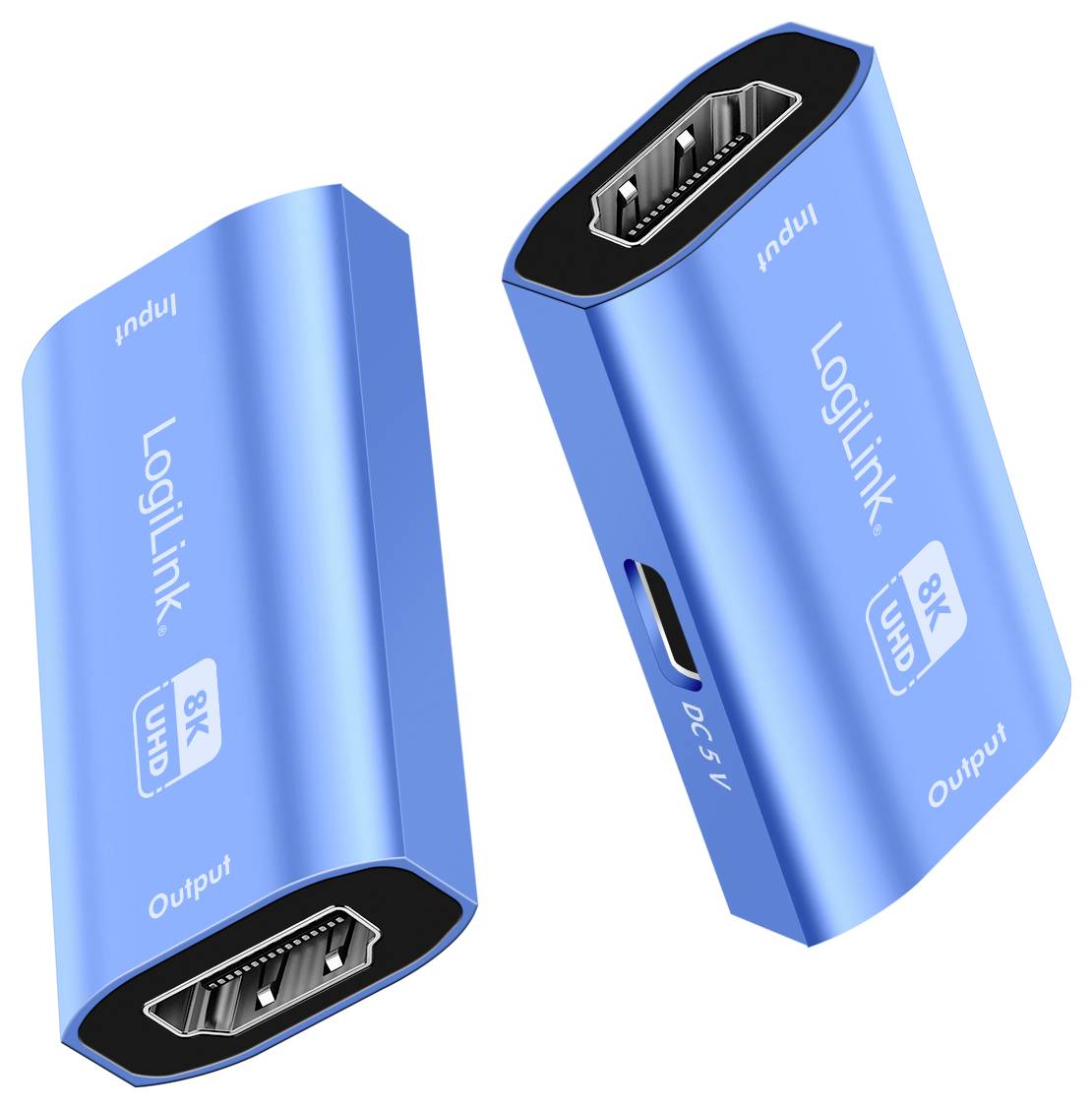 Dva modré HDMI zesilovače signálu od LogiLink, označené 'Input', 'Output' a '8K UHD', podporují přenos videa ve vysokém rozlišení.