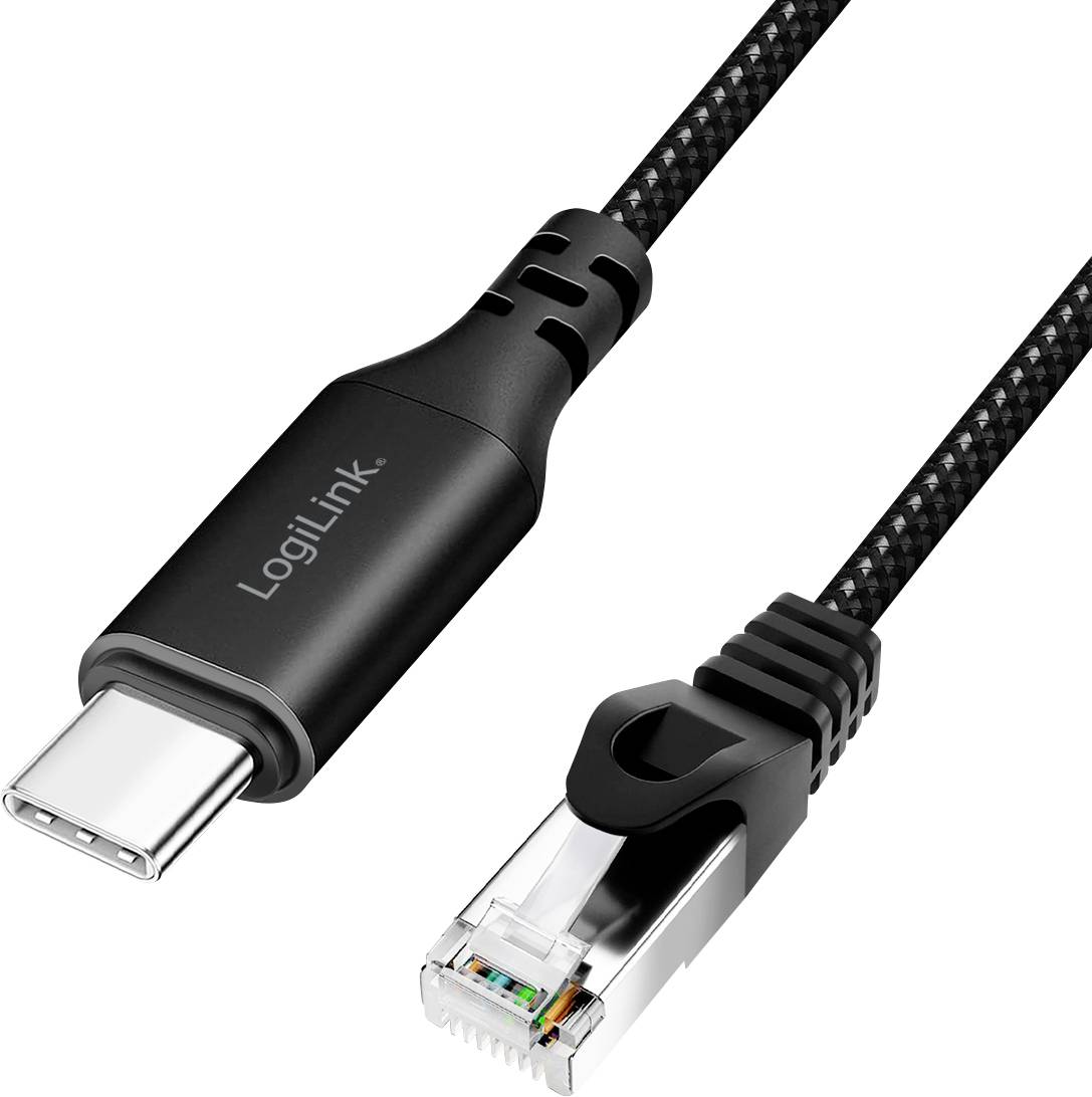 Černý USB-C na Ethernet kabel s nápisem 'LogiLink'; vlevo USB-C konektor, vpravo Ethernet přípojka.