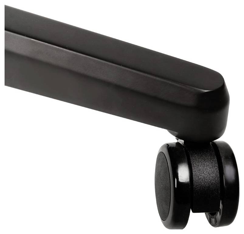 Detailní záběr černého kolečka nábytku pod nohou stolu, který ukazuje design a funkčnost koleček pro snadnou mobilitu.