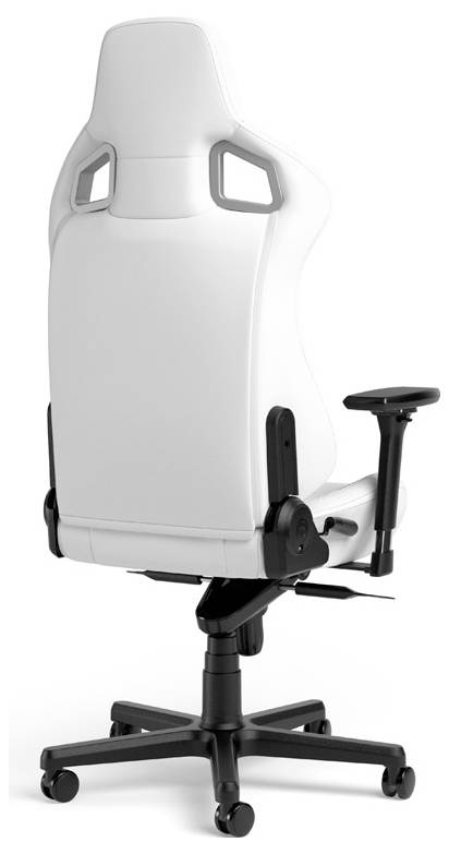 Bílá kancelářská židle s vysokým ergonomickým opěradlem a černými područkami na černém pojezdovém podstavci.
