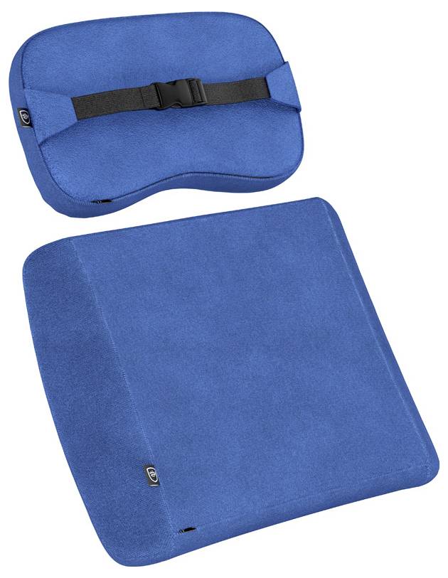 Dva modré ergonomické sedací polštáře: jeden pro záda s upevňovacím popruhem, druhý pro sedací oblast, oba vyrobené z měkkého materiálu.
