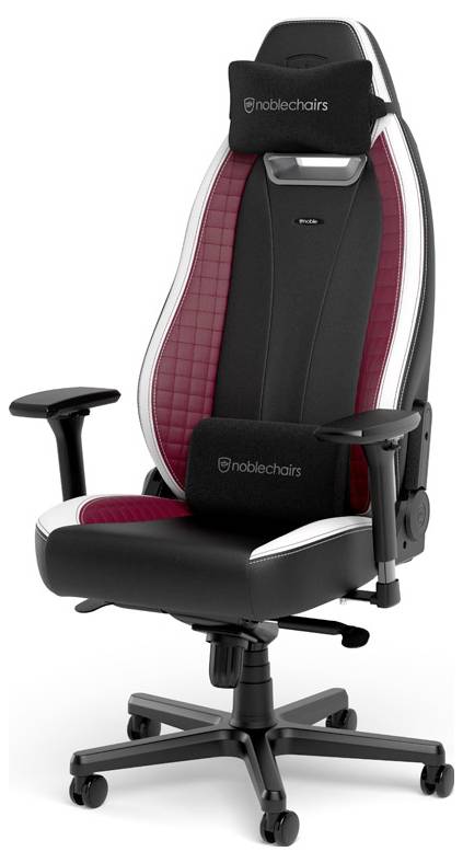 Ergonomická herní židle v černé a vínové barvě s nastavitelnými područkami, výškově nastavitelnou sedací plochou a doplňkovou opěrkou hlavy.