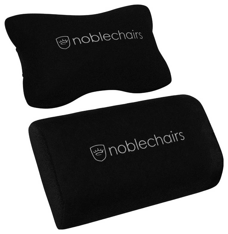 Dva černé polštáře s logem 'noblechairs', jeden ve tvaru U a druhý obdélníkový. Navržené pro ergonomický komfort.