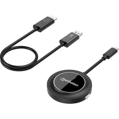 HDMI a USB kabel jsou připojeny k černému kulatému adaptéru s logem Manhattan.