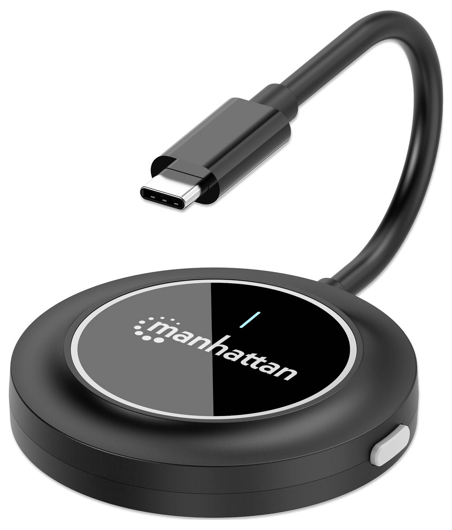 Černý kulatý adaptér s USB-C kabelem a logem 'Manhattan'.
