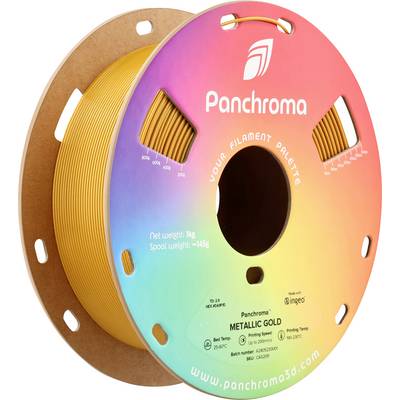 Cívka se žlutým 3D tiskárním filamentem od Panchroma v barvě 'Metallic Gold', na cívce s duhovým designem.