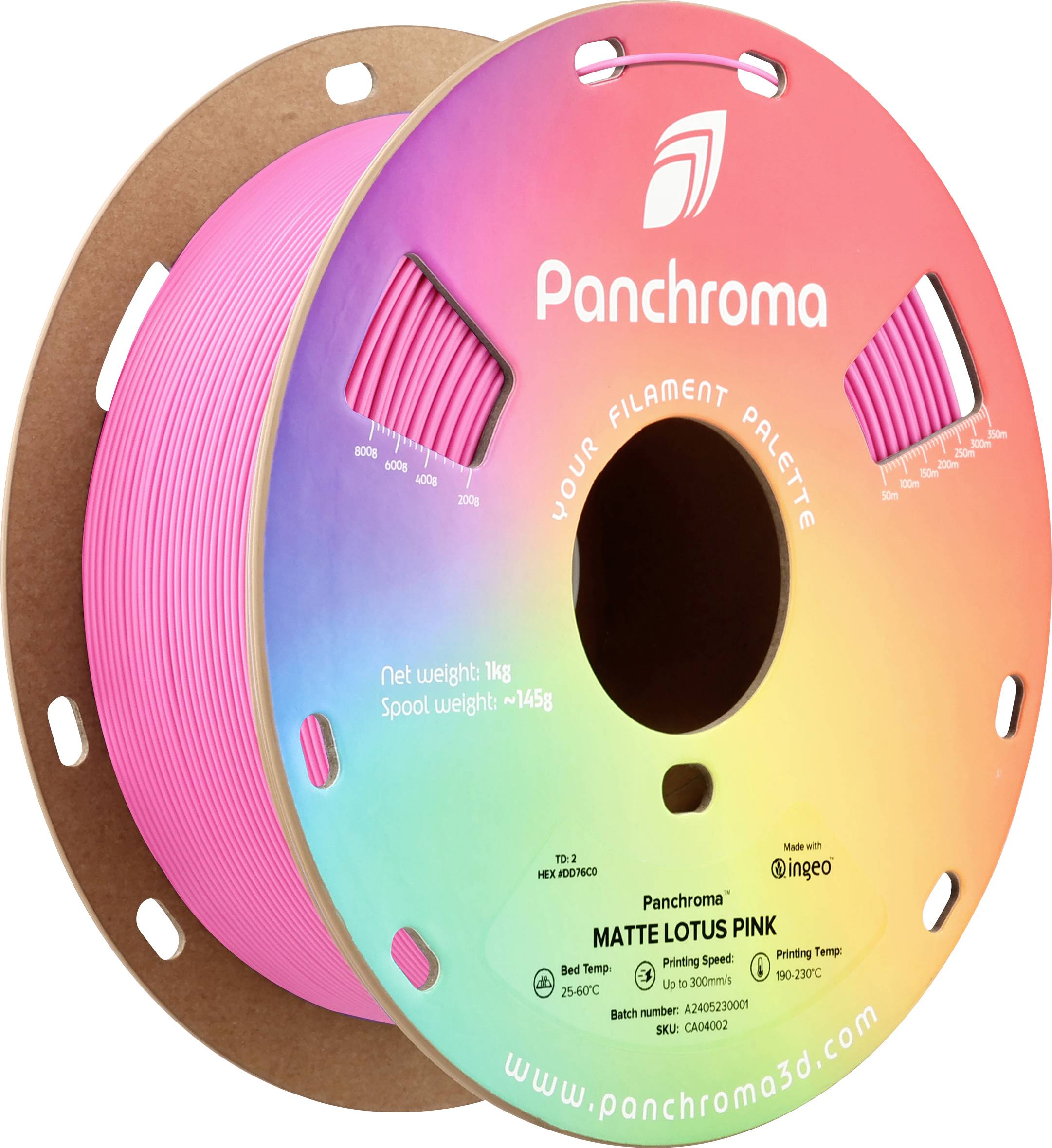 Růžové 3D tiskové filament od Panchroma, hmotnost 1 kg, model 'Matte Lotus Pink'. Vhodné pro vyhřívanou podložku 60-75°C, tryska 200-230°C.