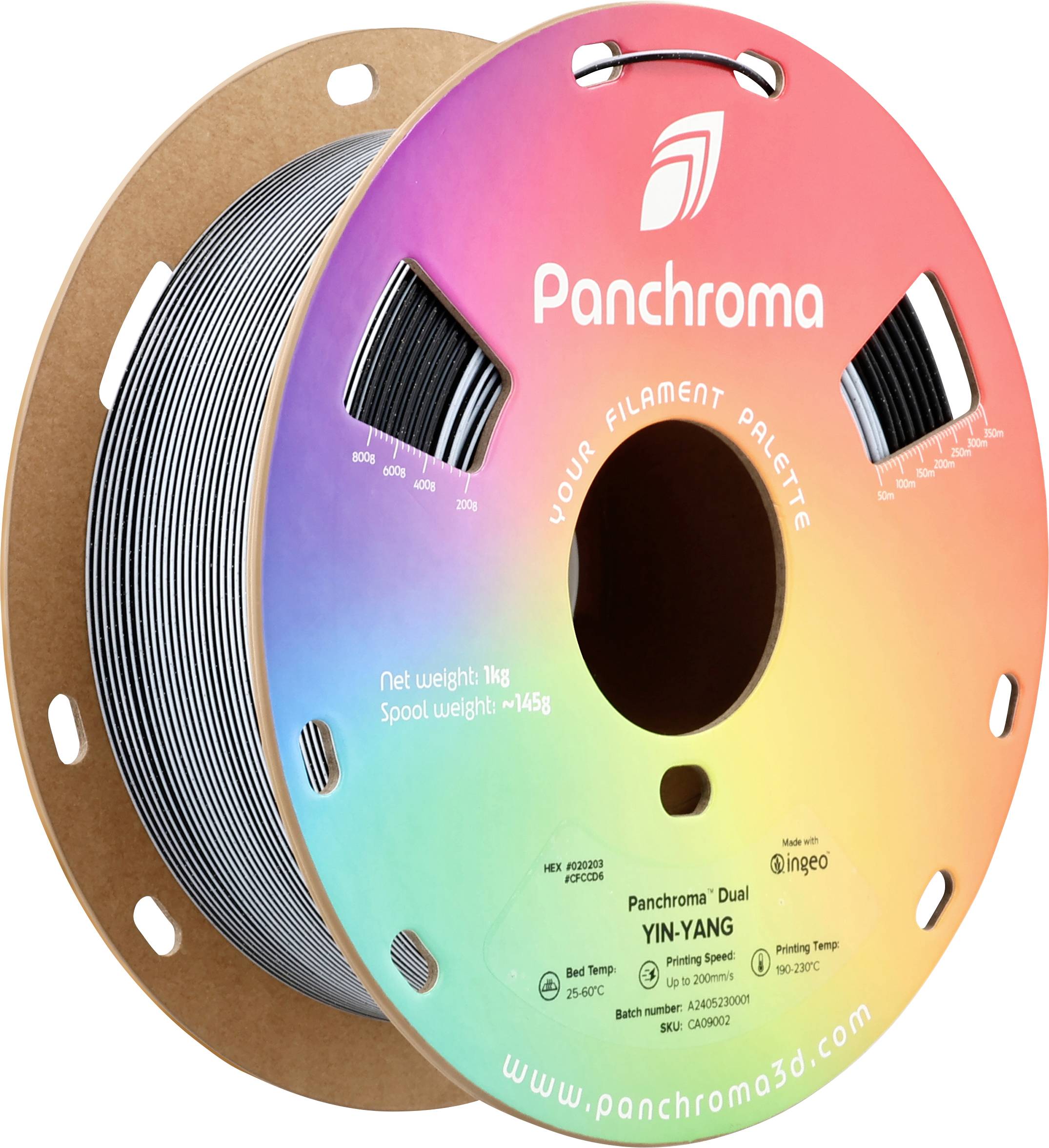 Cívka filamentu od Panchroma v duhových barvách s potiskem 'Yin-Yang', čistá hmotnost 1 kg, vhodná pro 3D tiskárny, materiál PLA.