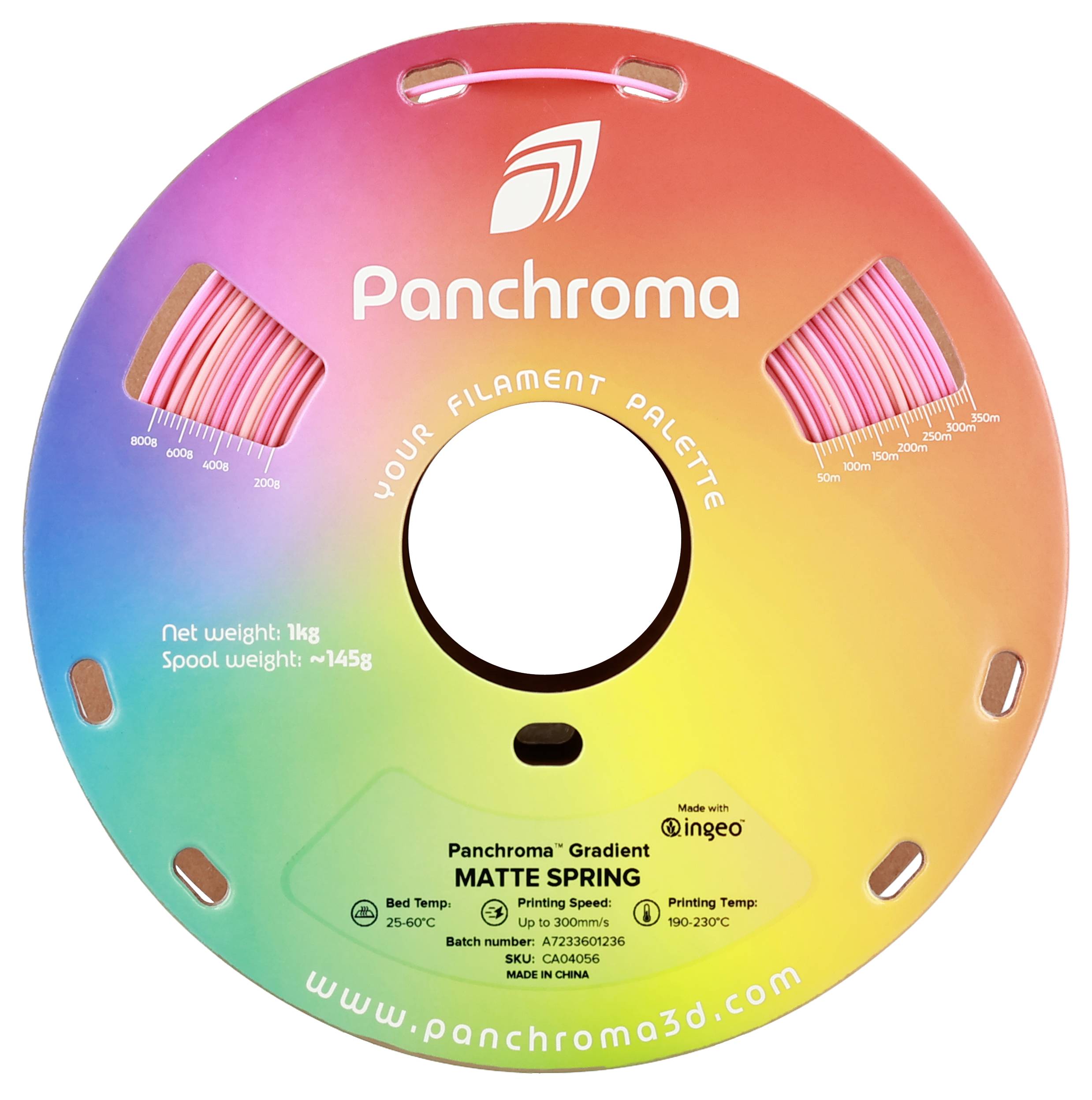 Barevná cívka filamentu od Panchroma. Text na cívce: 'Your Filament Palette', 'Panchroma Gradient', 'Matte Spring'.