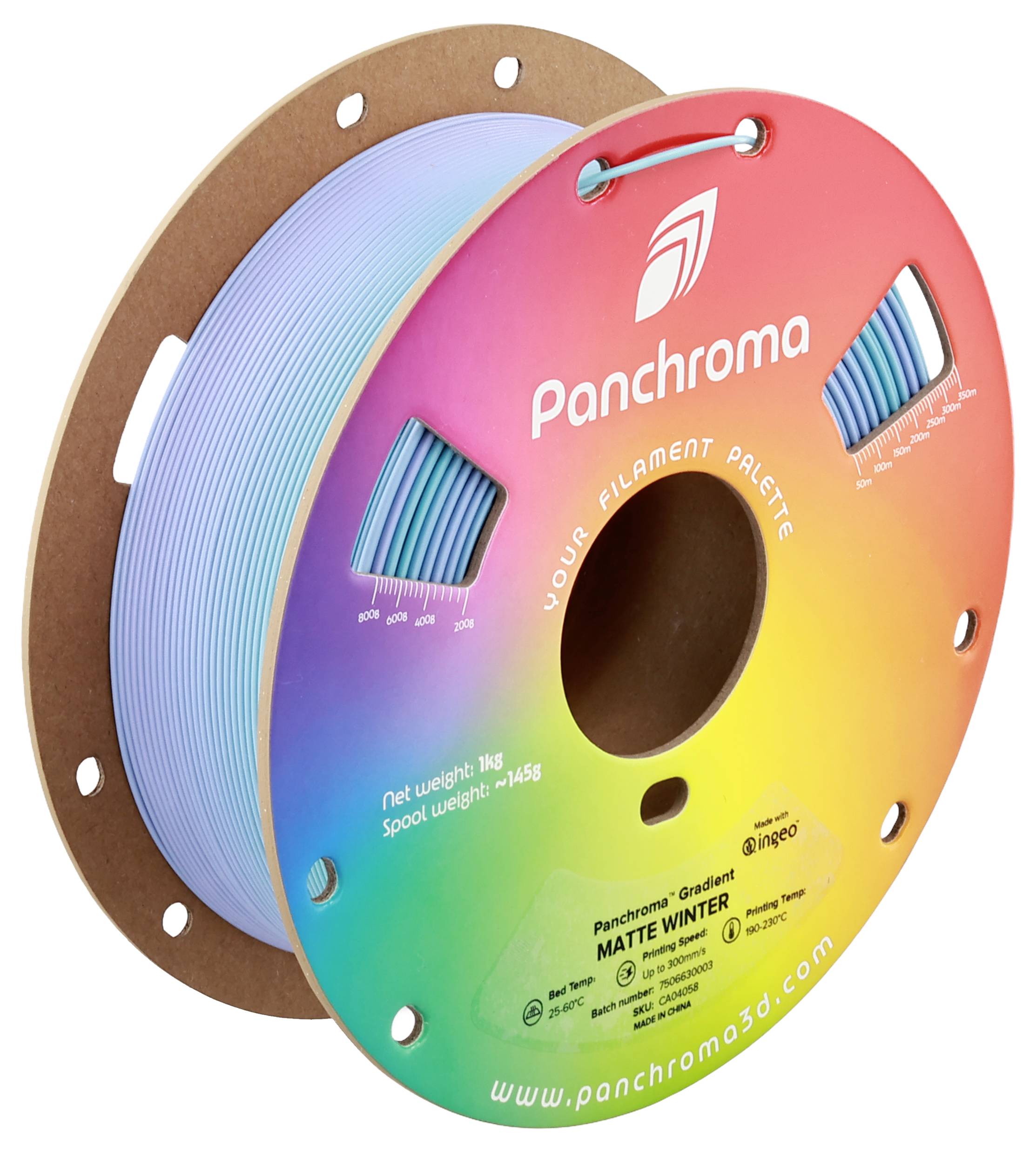 Barevná filamentová cívka s barevným přechodem od modré k červené, značka Panchroma, pro 3D tiskárny. Hmotnost: 1 kg. Model: Matte Winter.