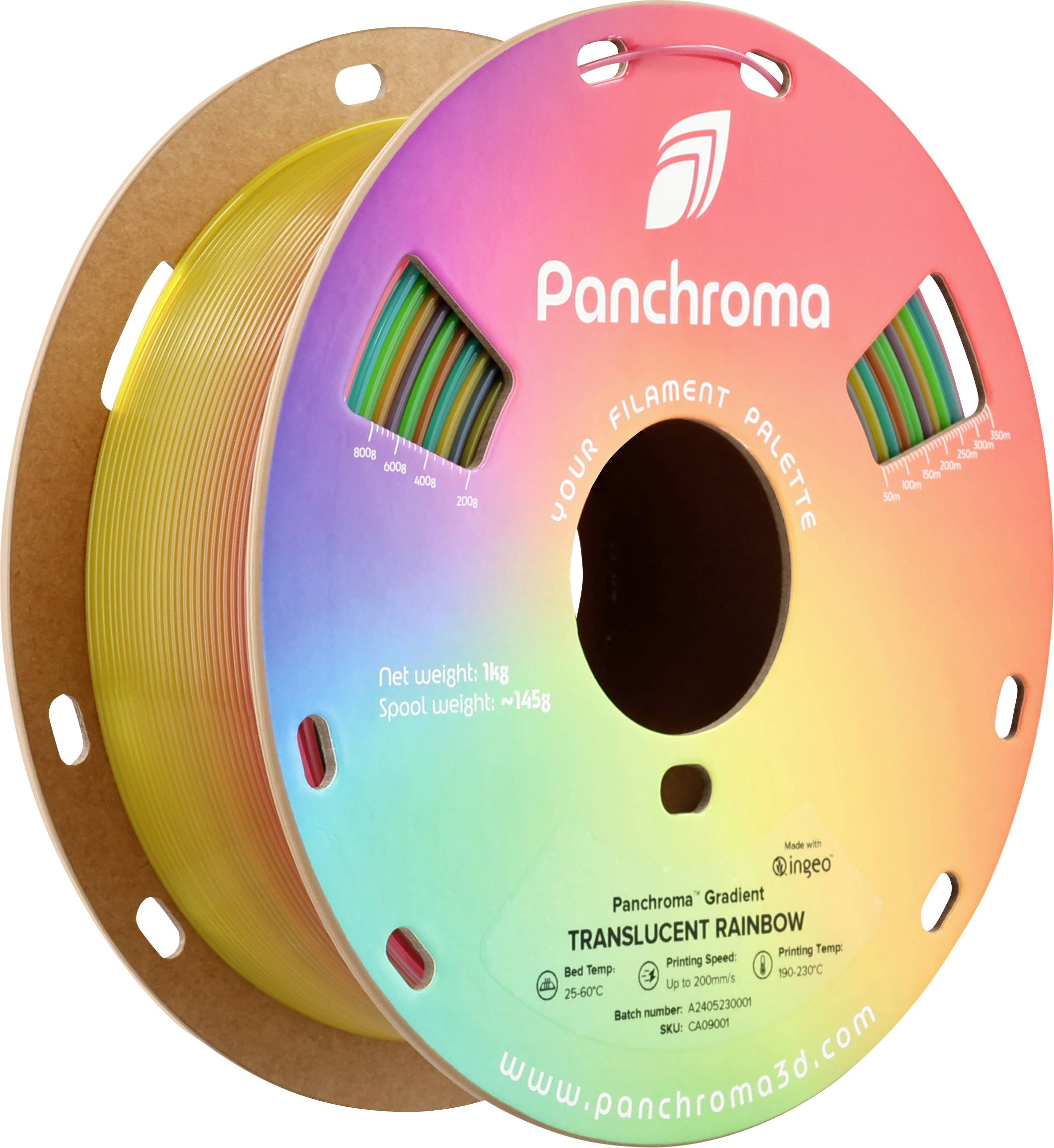 3D tiskové filament, duhové barvy, značka 'Panchroma', hmotnost 1 kg, průsvitný, na cívce, popisky s hmotností a webovou stránkou.