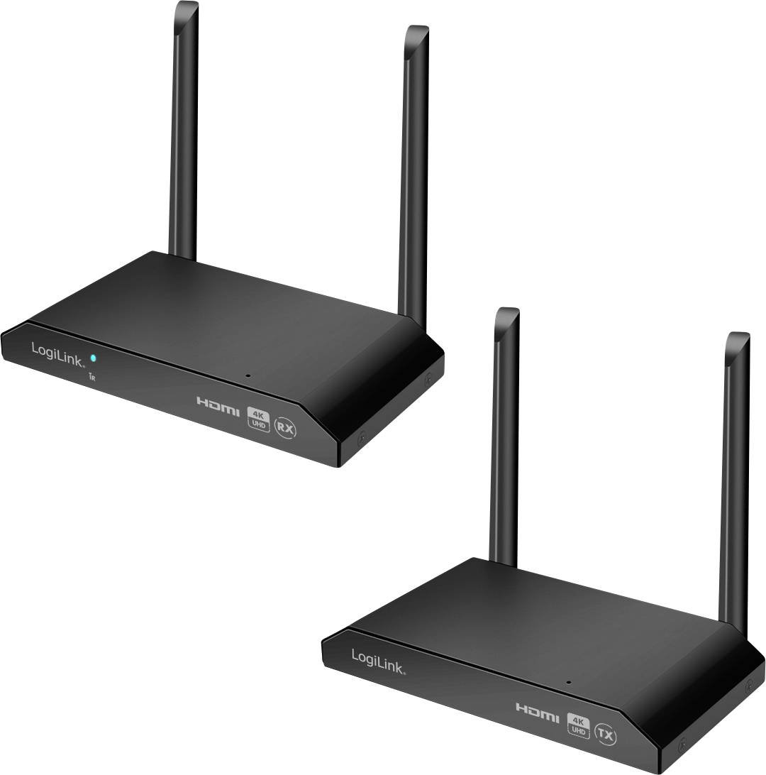 Dvě černá zařízení LogiLink s HDMI připojením a anténami, jedno označené 'RX' a druhé 'TX'.
