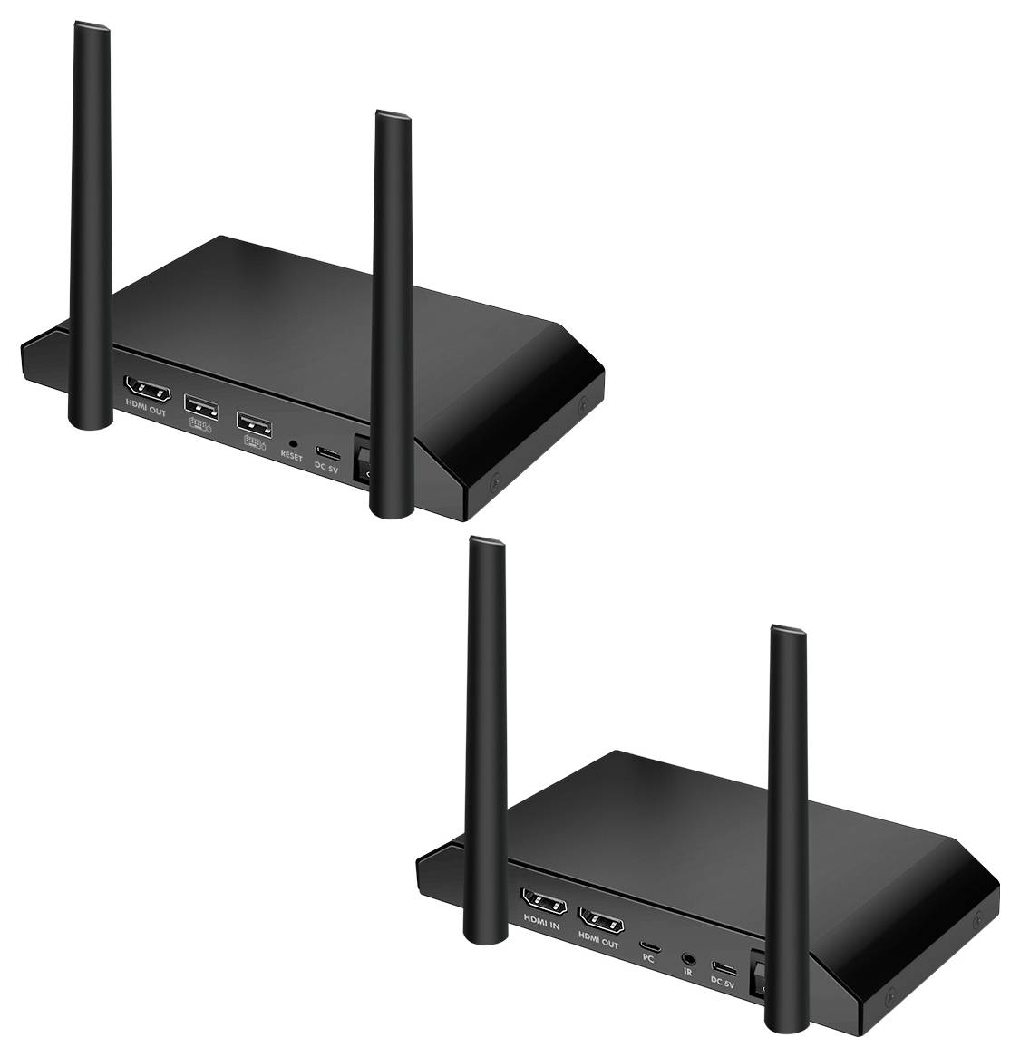 Dva černé routery s anténami, HDMI, USB a síťovými konektory na bílém pozadí.