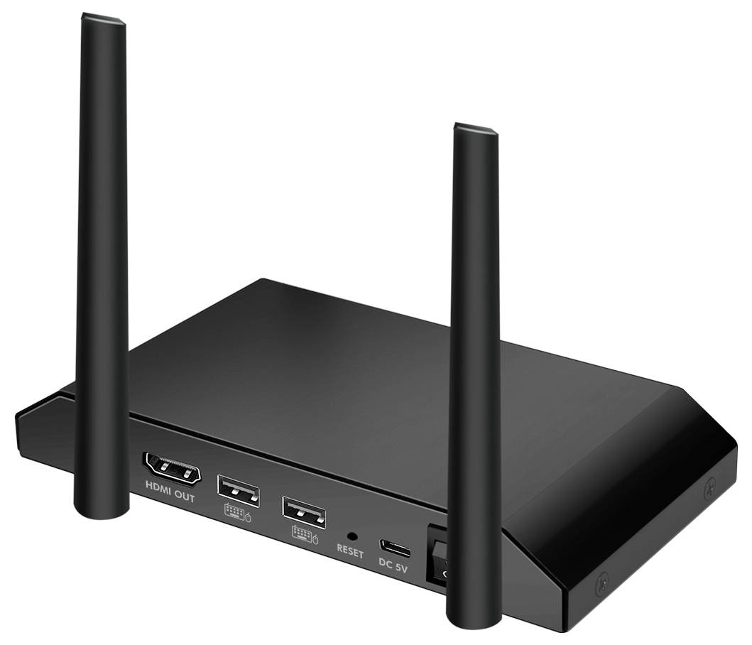 Černý, obdélníkový router se dvěma anténami, zobrazuje různé konektory a tlačítka pro HDMI, USB, Reset a napájení.