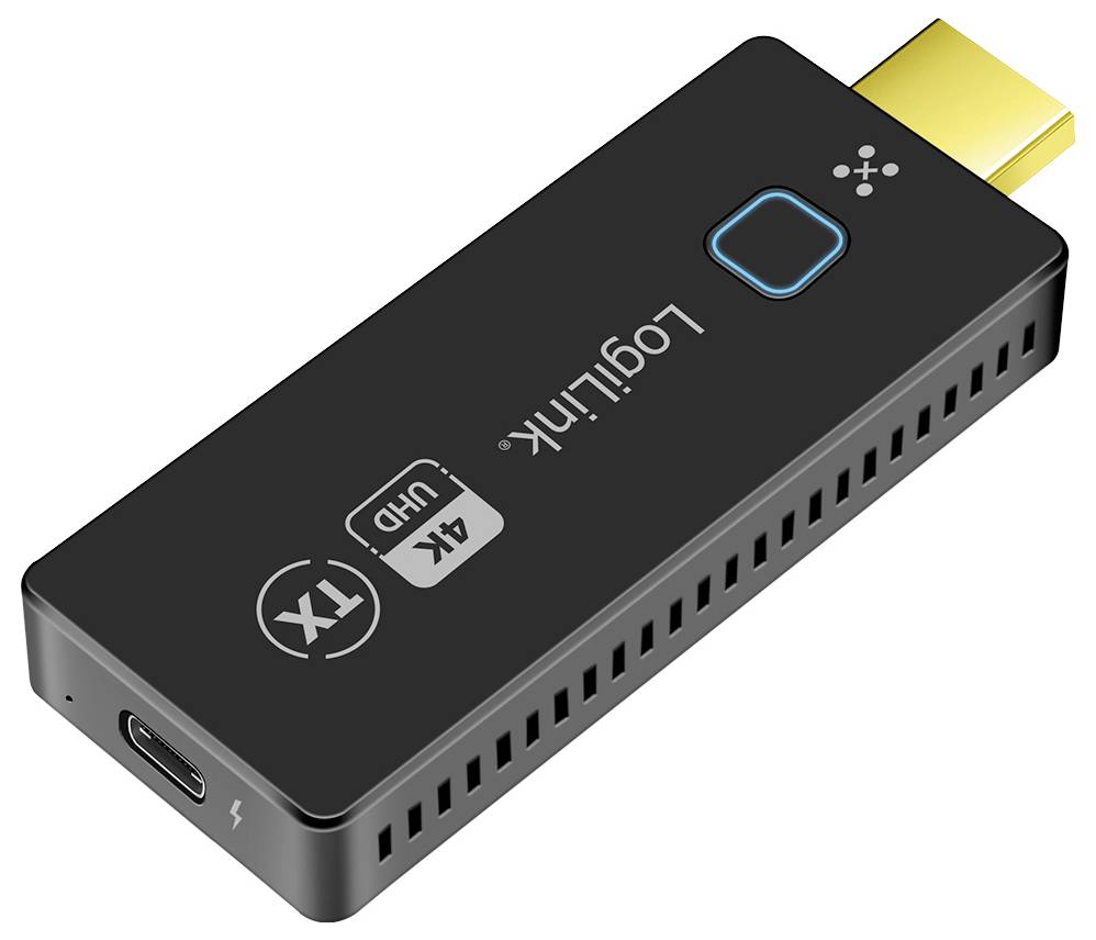 Černý HDMI dongle s logem 'LogiLink', symbolem 4K UHD TX a USB-C konektorem, slouží k bezdrátovému přenosu audia/videa.