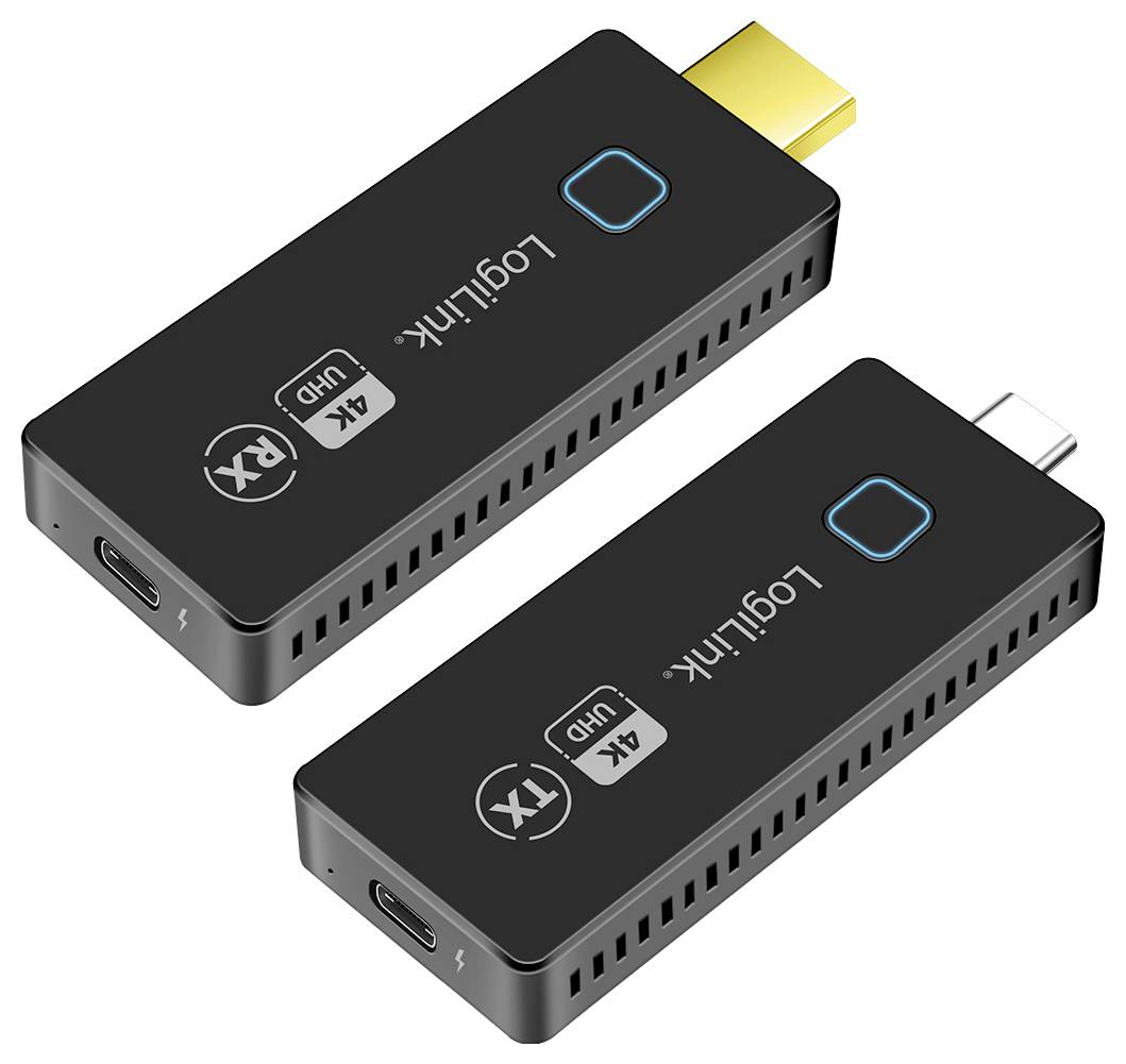 Černá bezdrátová sada HDMI vysílač/přijímač se zlatými konektory. Označená 'LogiLink 4K UHD'.