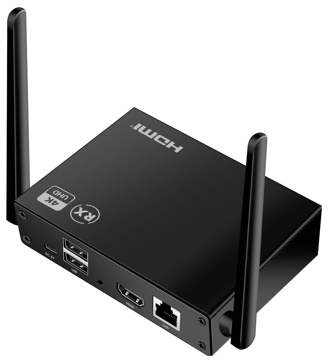 Černé elektronické zařízení se dvěma anténami, několika konektory a označením '4K UHD' a 'RX' na horní straně.