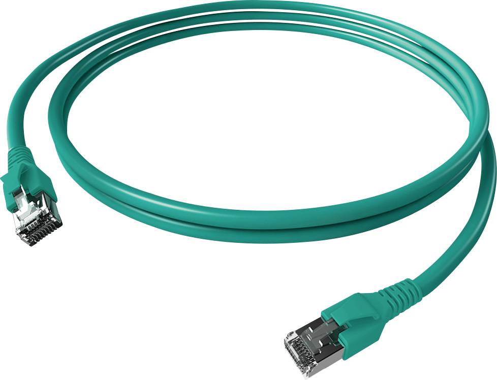 Zelený ethernetový kabel s konektory RJ45 na obou koncích. Typicky se používá pro sítě nebo internetová připojení.