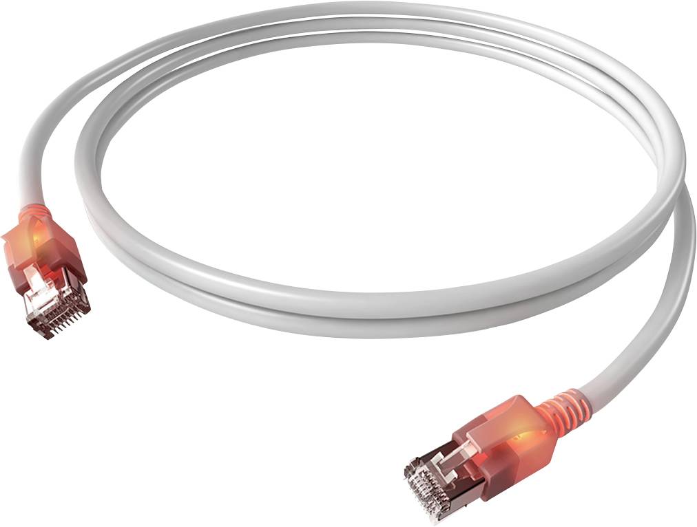 Šedý ethernetový kabel s červenými světelnými indikátory na obou koncích symbolizuje aktivní síťové připojení.