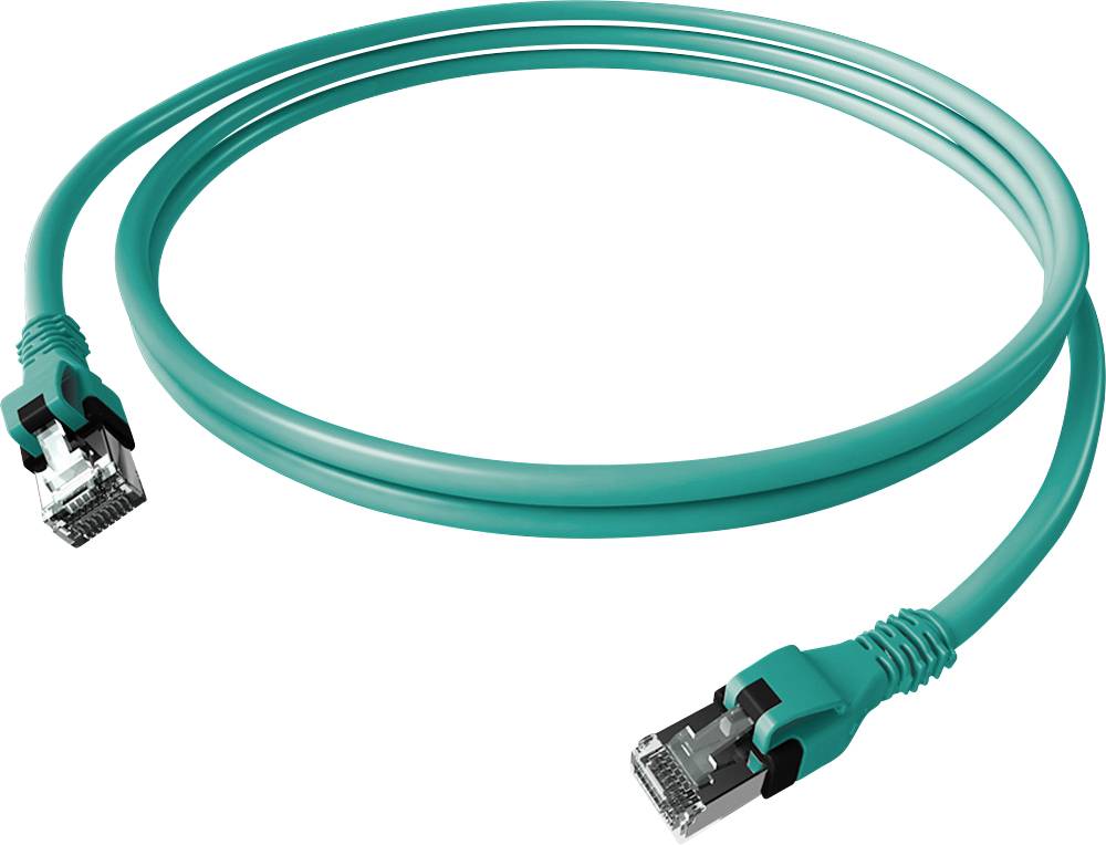 Tyrkysový ethernetový kabel se dvěma konektory RJ45, vhodný pro síťová připojení.