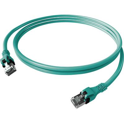 Tyrkysový ethernetový kabel se dvěma konektory RJ45, vhodný pro síťová připojení.