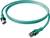 Tyrkysový ethernetový kabel se dvěma konektory RJ45, vhodný pro síťová připojení.
