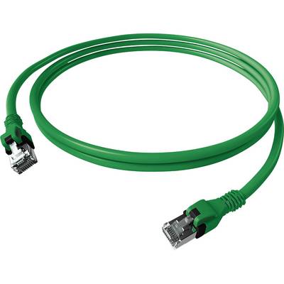 Zelený síťový kabel se dvěma konektory RJ45, často používaný pro ethernetová připojení v počítačových sítích.
