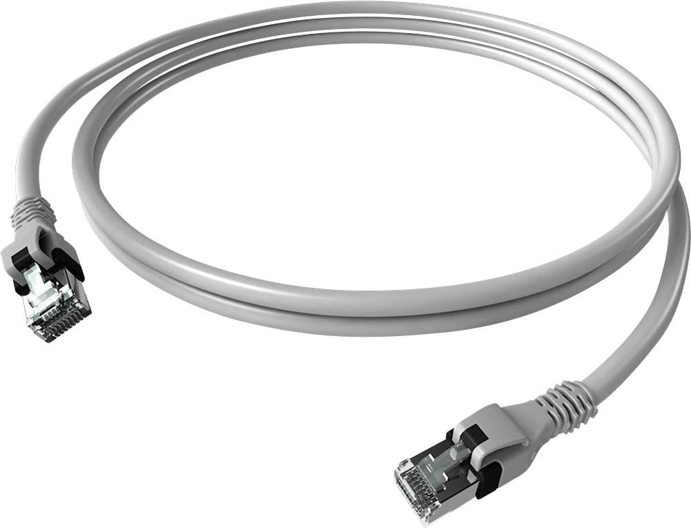 Šedý ethernetový kabel s oboustranně namontovanými konektory RJ45, pro připojení síťových zařízení k internetu a přenos dat.