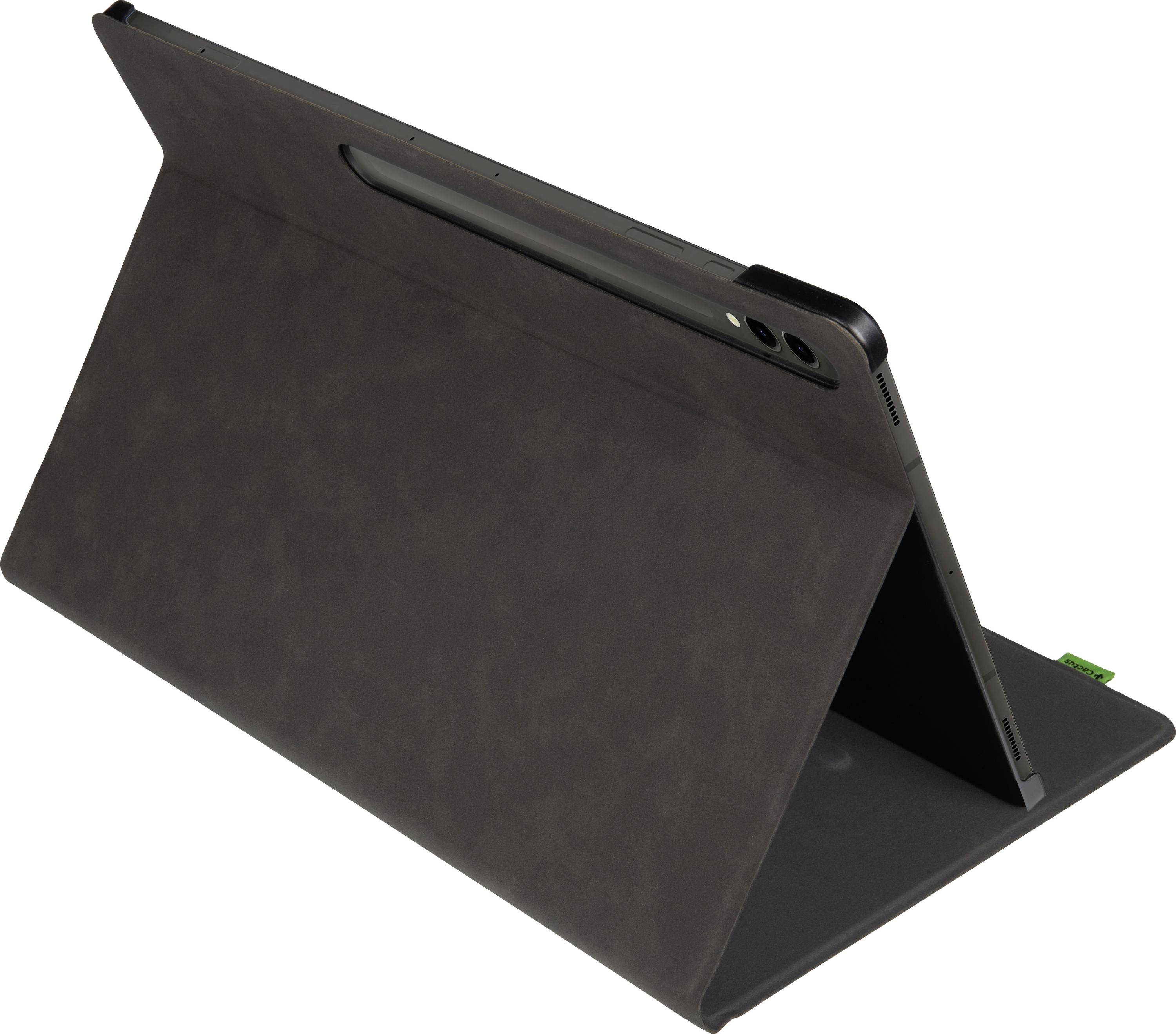 Tablet z úhlu pohledu zezadu, umístěný ve védmé ochranné obálce, která poskytuje stabilitu a chrání displej.