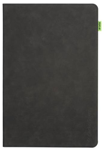 Elegantní černé pouzdro na tablet s hladkým povrchem a malou zelenou poutkem na straně.