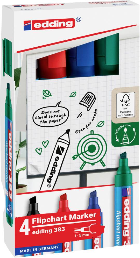 Obal na Edding flipchart markery, zobrazuje čtyři popisovače v různých barvách s nápisem "Neprosakuje papírem".