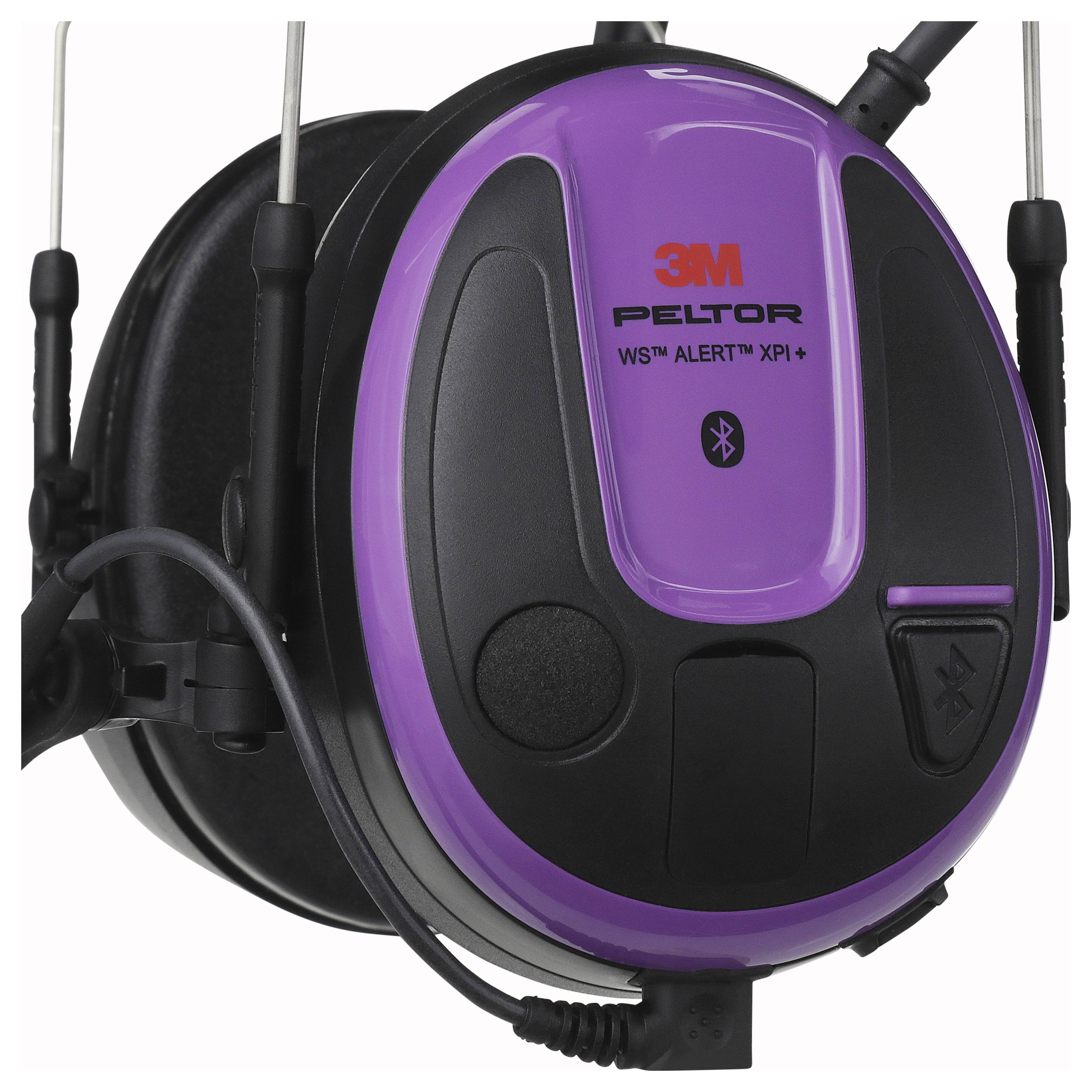 Lila a černý chrániče sluchu značky '3M Peltor' s funkcí Bluetooth, které slouží ke snižování hluku a umožňují komunikaci.