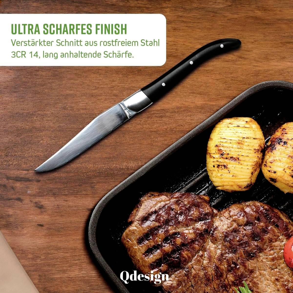 Grilované steakové maso a brambory na černém talíři, vedle nože. Text upoutává pozornost na mimořádně ostré ostří.