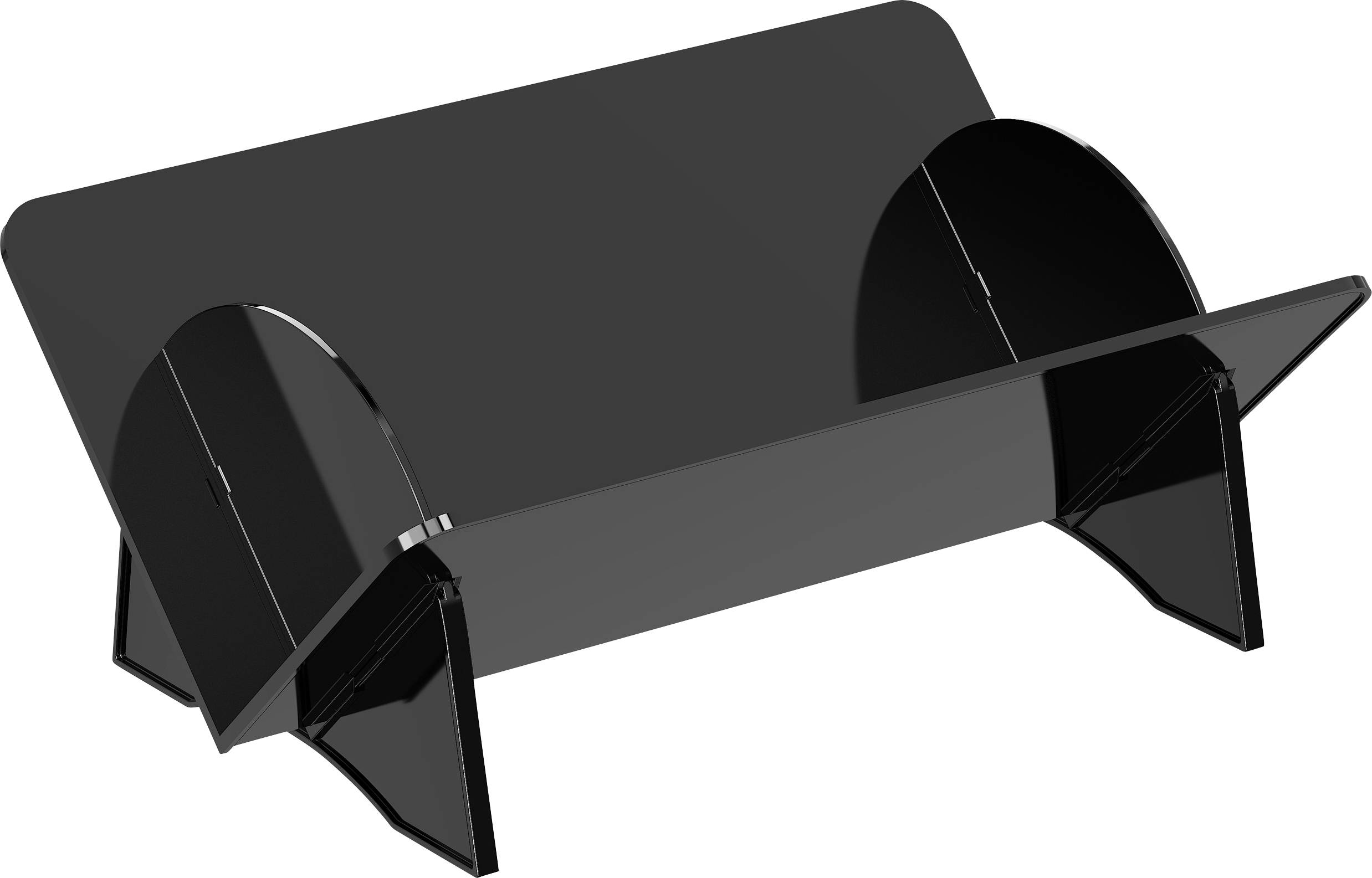 Elegantní, černý akrylový stojan na notebook s minimalistickým designem, který má dva boční podpěry a mírně nakloněnou základnu pro ergonomické použití.