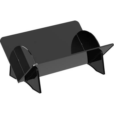 Elegantní, černý akrylový stojan na notebook s minimalistickým designem, který má dva boční podpěry a mírně nakloněnou základnu pro ergonomické použití.