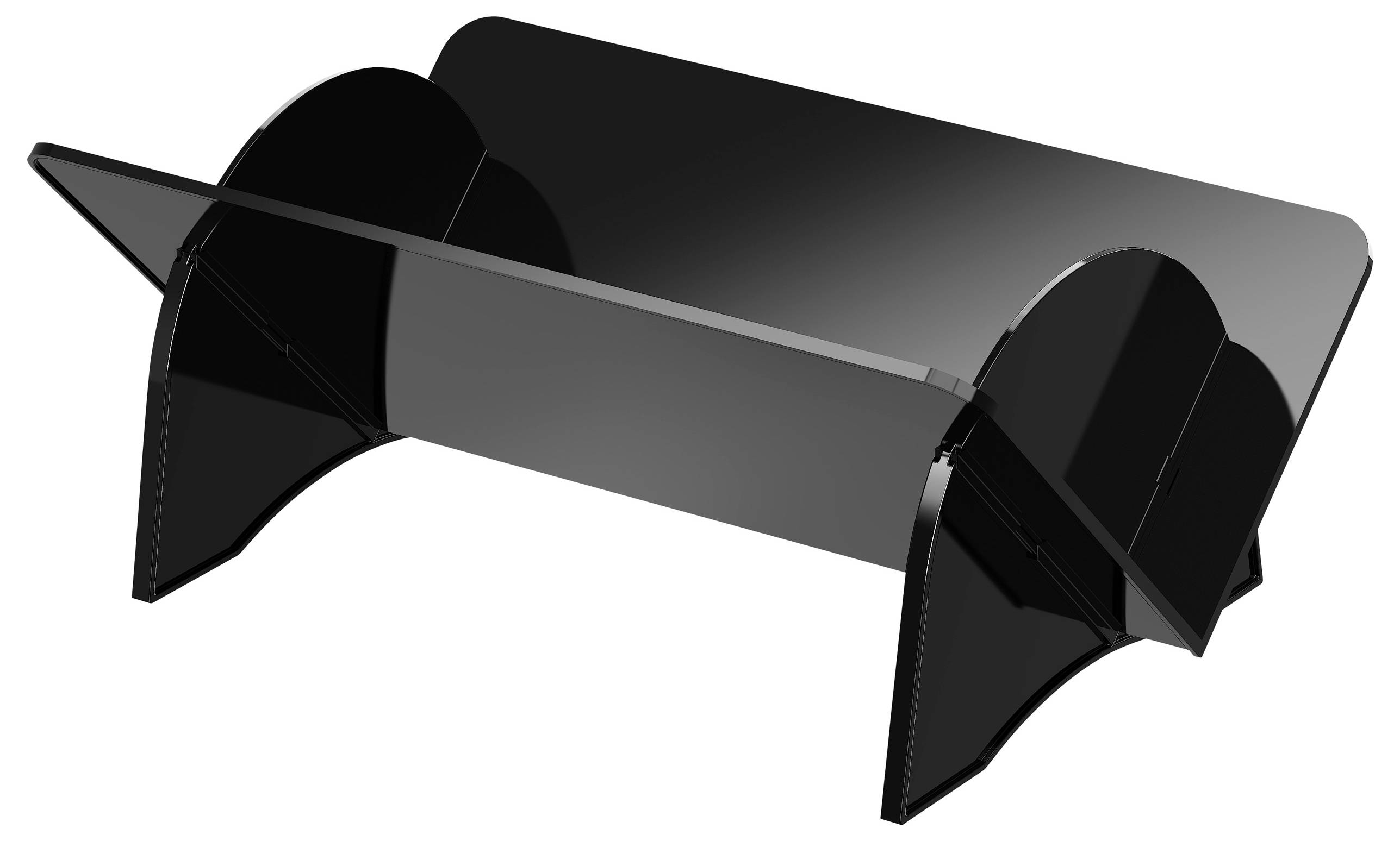 Štíhlý, moderní černý stojan na notebook s šikmými nohami, navržený pro umístění notebooku pod ergonomickým úhlem pohledu.