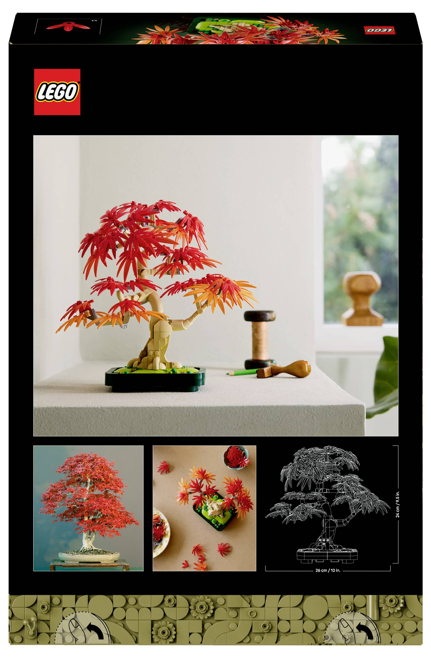 Balení LEGO sady s bonsai stromem z červených listů. Obsahuje obrázky hotového modelu a návod k sestavení.