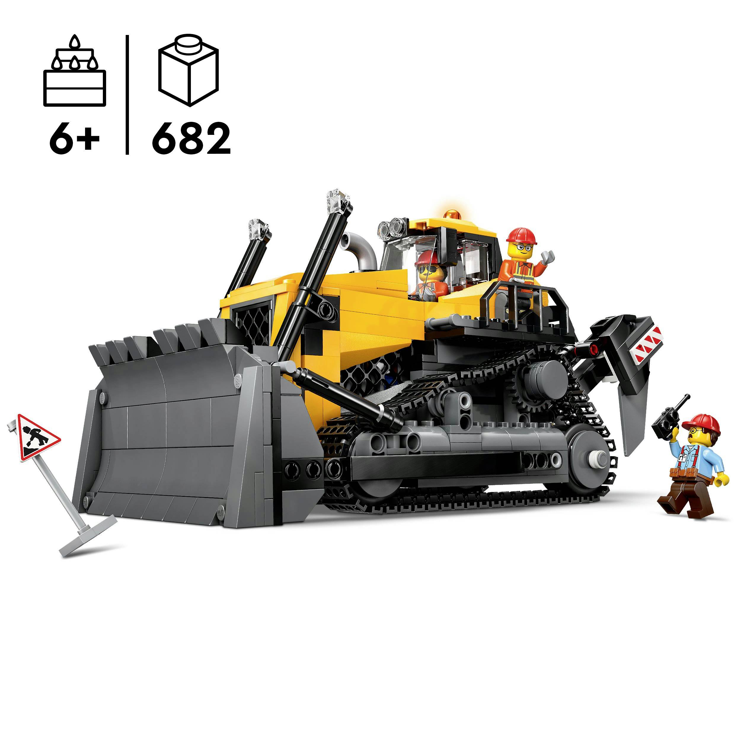 Stavební hračka pro děti od 6 let. Obsahuje 682 dílků. Žlutý buldozer se stavebními dělníky v bezpečnostním oblečení a dopravní značkou.
