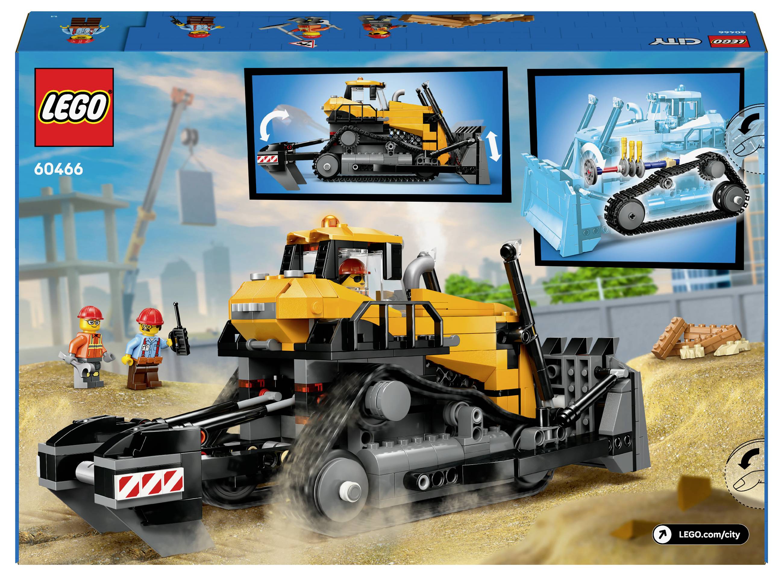 LEGO stavební hračka - stavební model: Velký žlutý buldozer na staveništi. Vedle něj stojí dvě figurky stavebních dělníků.