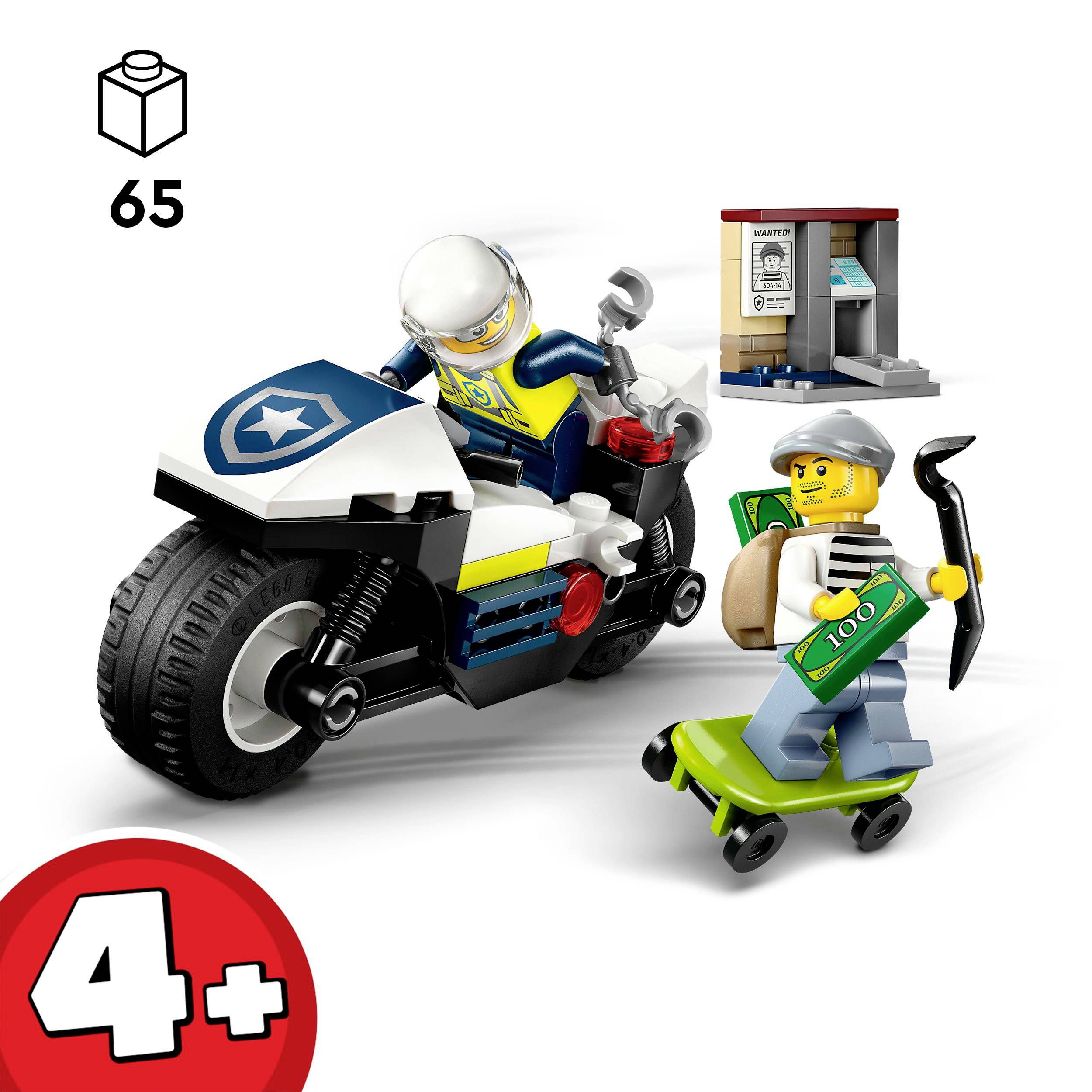 LEGO policejní motorka pronásleduje zloděje na skateboardu. Zloděj nese bankovky, páčidlo a pytel.