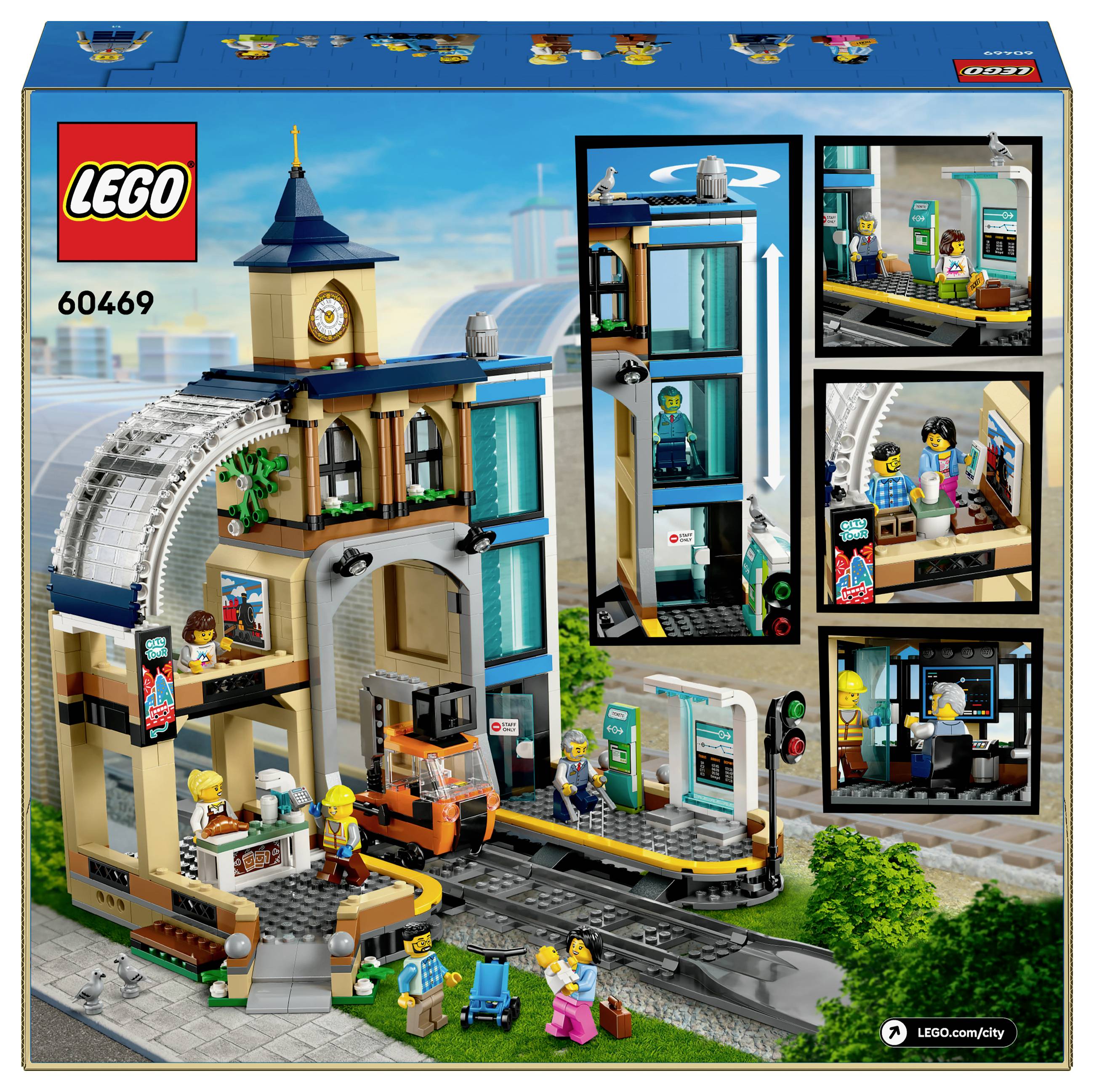 Lego stavebnice nádražní scény s kolejemi, figurkami a detaily nádraží. Scény v akci ukazují vlak, automat na jízdenky a čekací prostor.
