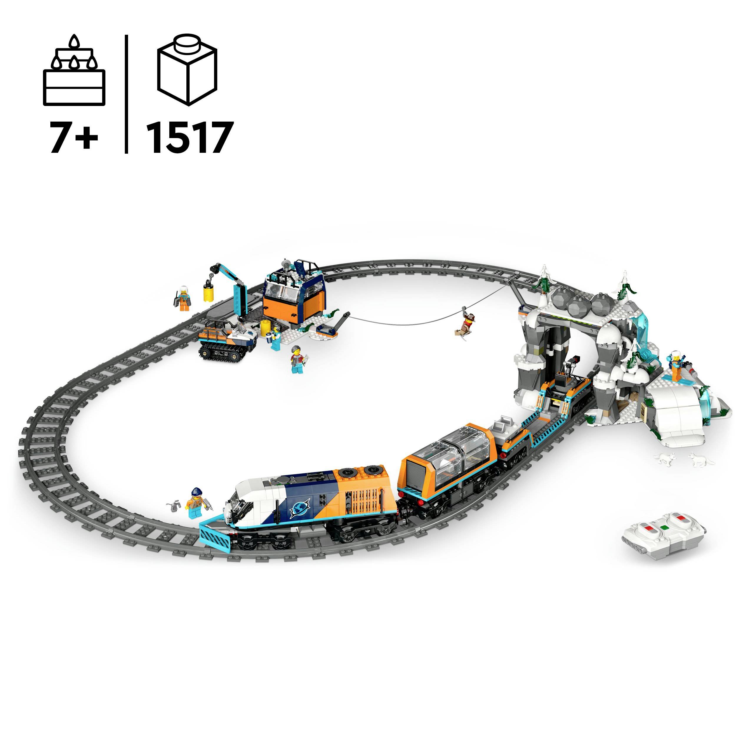 Lego vlak s kolejemi a příslušenstvím, vhodný pro děti od 7 let. Obsahuje 1517 dílků pro podporu kreativity a herní zábavy.