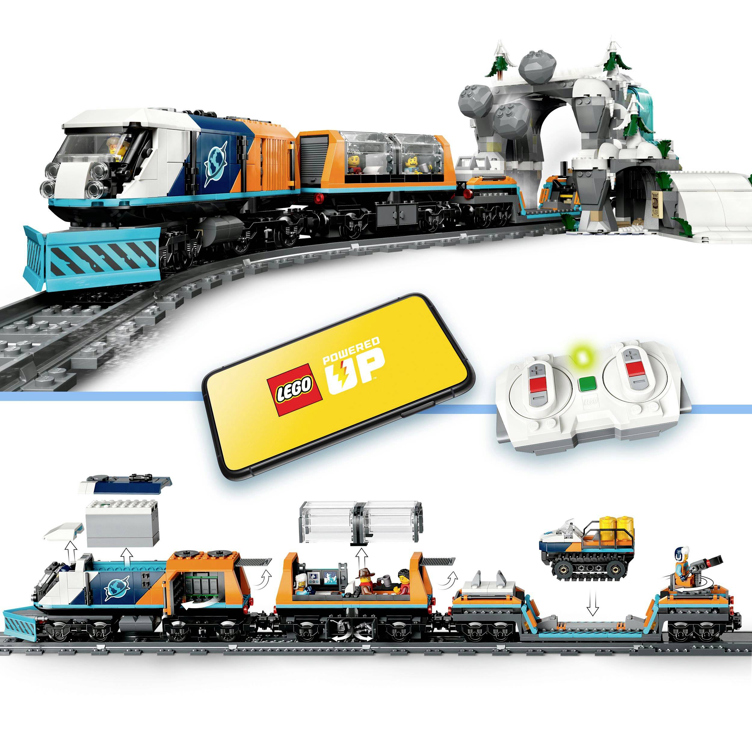LEGO vlaková souprava na kolejích s několika vagony; v obraze je také vidět ovládání přes aplikaci a ruční ovladač.