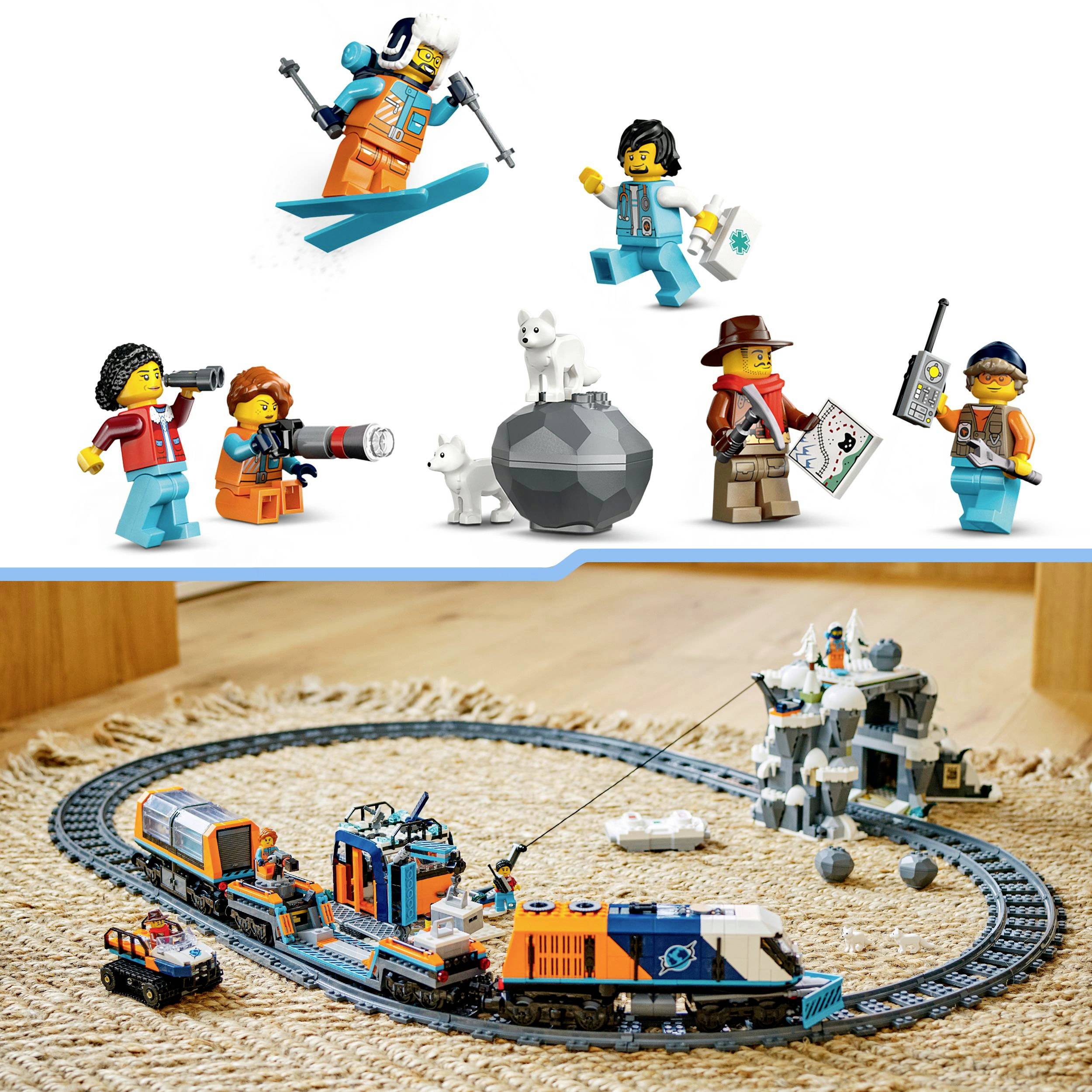 Lego stavebnice: Figurky provozují polární stanici. Vlak transportuje vybavení v popředí. Psi a lední medvědi jako společníci.