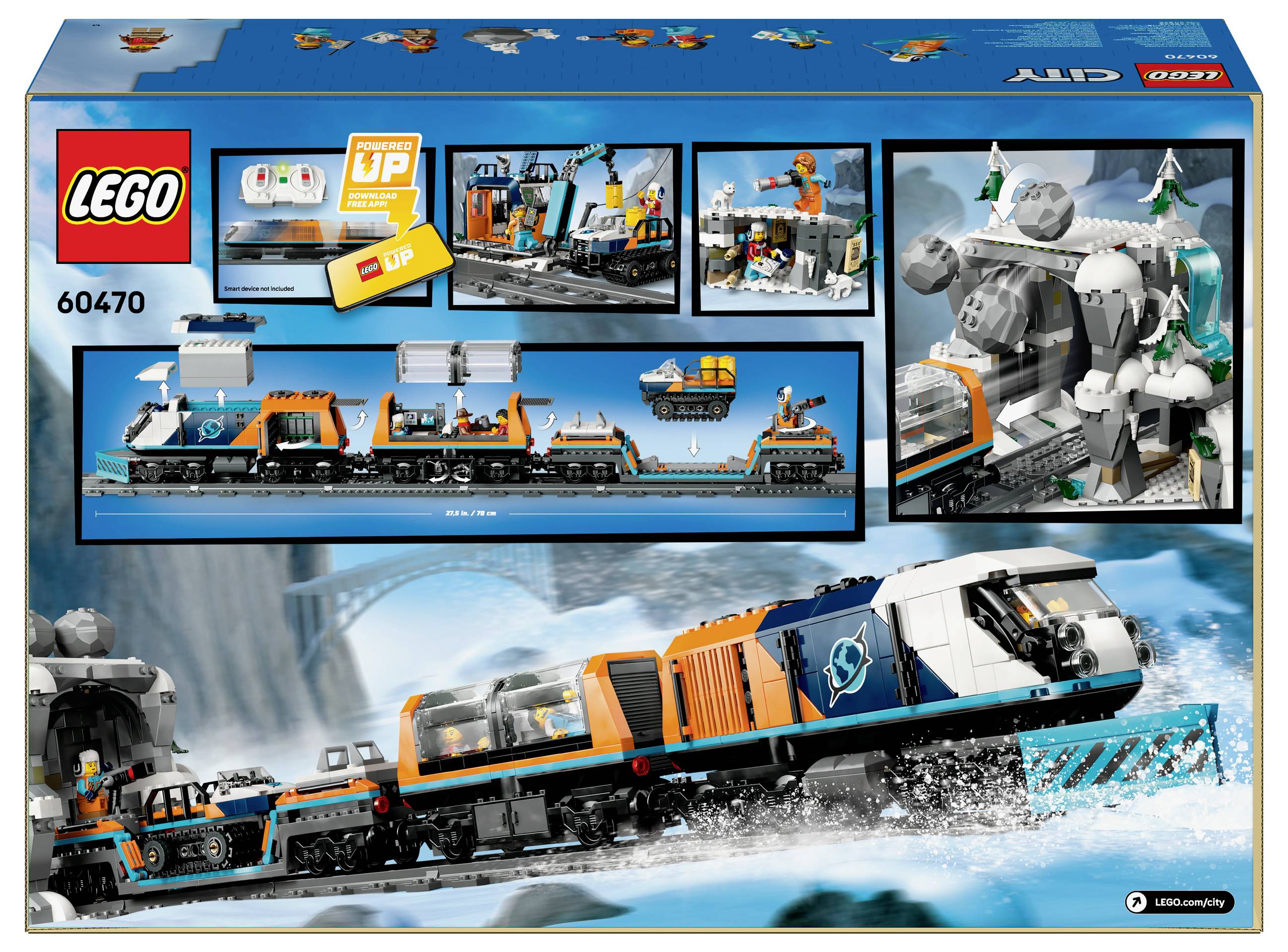 LEGO sada 60470 zobrazuje arktický výzkumný vlak s několika vagony, vědeckým vybavením a ledovou krajinou.