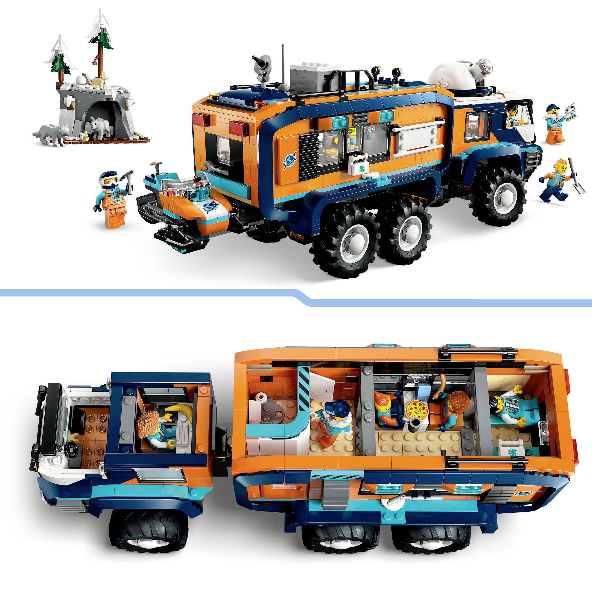 Tým lego polárních výzkumníků staví mobilní laboratoř na kolech. Je obklopena figurkami, které pracují s nástroji.